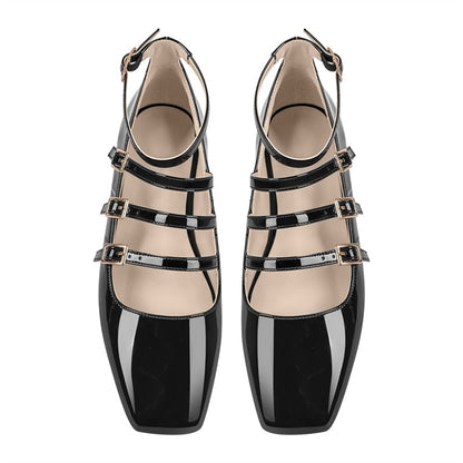 flowersverse - Women Flats Square Toe Patent Leather Mary Jane  Strap Retro Elegant Big Size Daily Flats Pumps