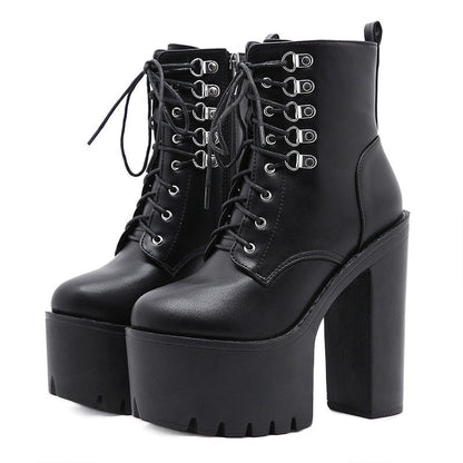 Thanksgiving  flowersverse  Ultra High Heels Women Motorcycle Boots Gothic Style   Rivet Black Soft Leather Plaform Chunky Heel Punk Knight Boots