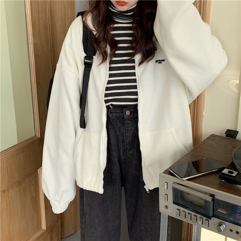 flowersverse Women Plus Fleece Hoodies Autumn Streetwear Zip-up Oversize Sweatshirt Jacket Trendy Solid Pocket Turn-down Collar Women Outwear