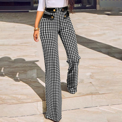 flowersverse Women Buttoned High Waist Wide Leg Tailored Pants Spring Casual Ladies Plaid Long Pencil Pants Elegant Trousers Overalls