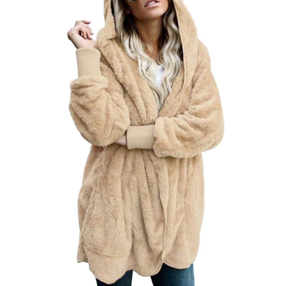 flowersverse Winter Warm Women Fashion Faux Fur Hooded Coat Hairry Cardigan Furry Outwear