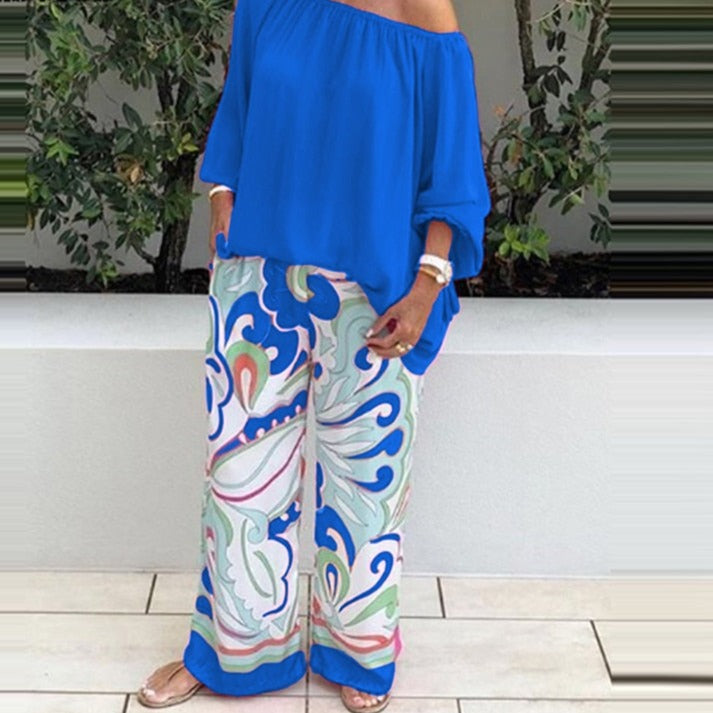flowersverse Summer Women Casual Printed Slash Neck Long Sleeves Two-piece Suit Loose T-shirt Wide Leg Pants Suit Elegant Slim Home Party Set