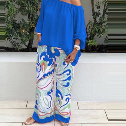 flowersverse Summer Women Casual Printed Slash Neck Long Sleeves Two-piece Suit Loose T-shirt Wide Leg Pants Suit Elegant Slim Home Party Set