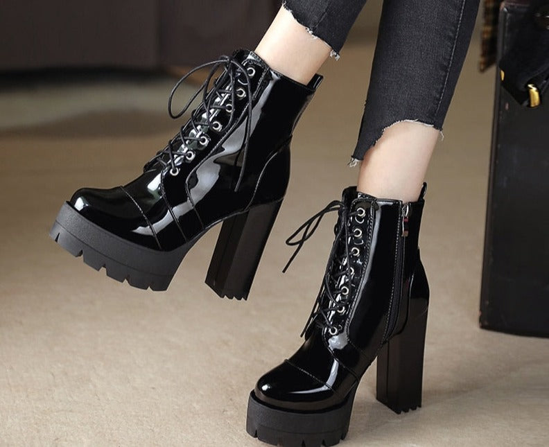 flowersverse   Thick High Heeled Female Patent Leather Ankle Boots Round Toe Lace-Up Zipper Women Short Boots Gothic Women Shoes