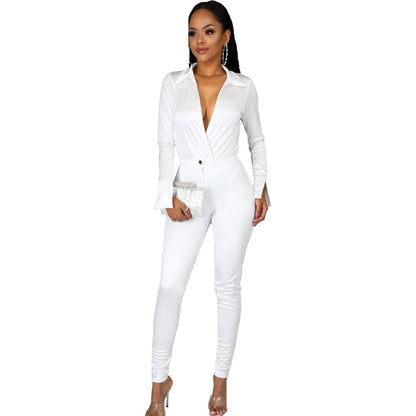 Woman OL satin Suit Solid Color Long Sleeve V Neck lapel Short Jumpsuit+pencil pants Tracksuit S-2XL 15Color