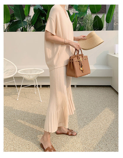 Summer Korean Fashion Casual Knitted Two Piece Set Women Loose Pullover Sweater Tops + Wide Leg Pants Suits Knitwear 2 Piece Set