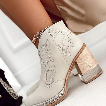 Amozae   Leather Women Ankle Boots Women's Shoes Low Heel Cool British Embroidered Design Soft Short Boots Party Women Footwear