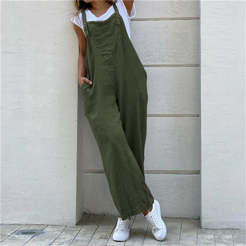 Women Suspender Rompers Overalls Vintage Jumpsuits Playsuits Long Pockets Wide Leg Pants Combinaison Oversize