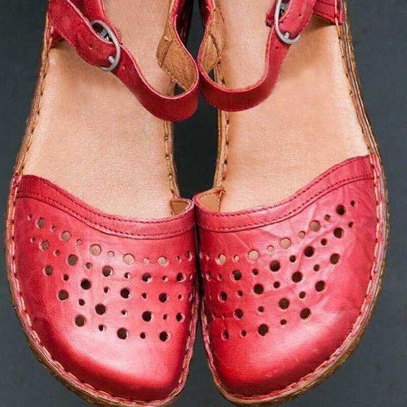 flowersverse  New Women Round Toe Hollow-out Sandals Comfortable Soft Hook Loop Mary Jane Flat Sandal Breathable Non-slip For Summer