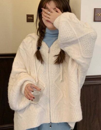 flowersverse Women Autumn Winter Twist Zipper Hooded Sweater Coat Knitted Cardigan Jacket Oversized Long Lantern Sleeve Outwear