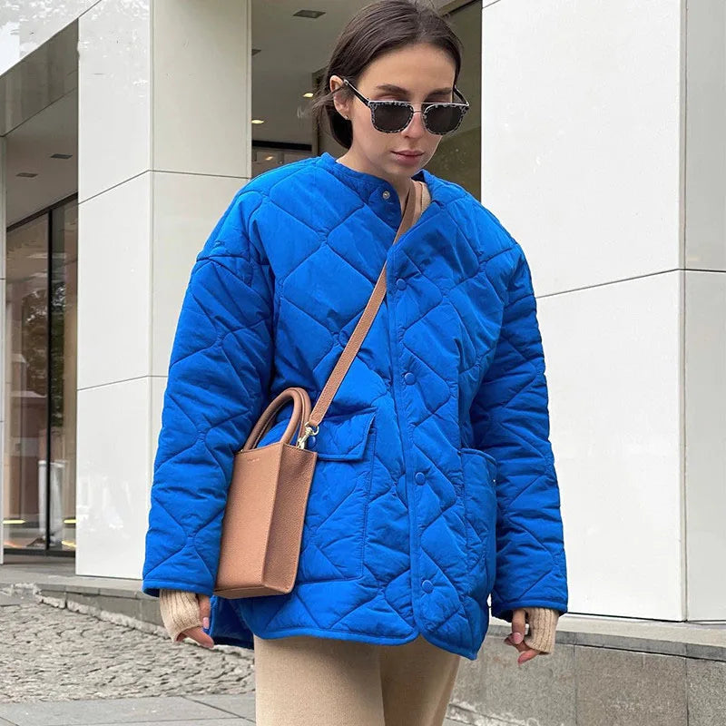 flowersverse Winter Blue Oversize Puffer Jackets for Women Casual Fashion Warm Cotton Button Down Quilted Coat and Jacket Loose