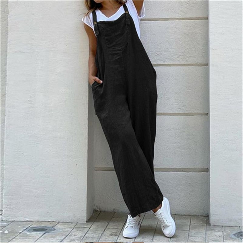 Women Suspender Rompers Overalls Vintage Jumpsuits Playsuits Long Pockets Wide Leg Pants Combinaison Oversize