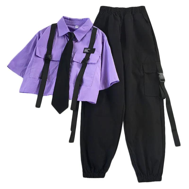 flowersverse  Spring Streetwear Pants High-Waist Straight Ribbon Cargo Pants Student Loose Short-Sleeved Shirt with Tie two-piece Set