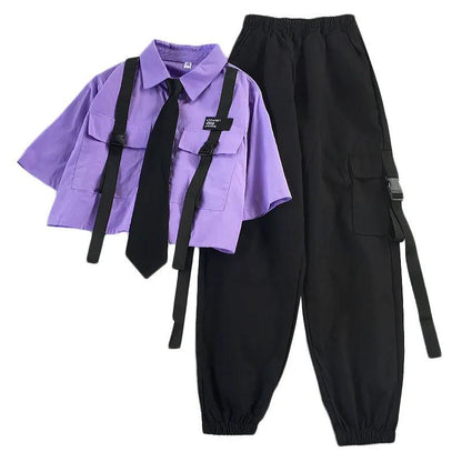 flowersverse  Spring Streetwear Pants High-Waist Straight Ribbon Cargo Pants Student Loose Short-Sleeved Shirt with Tie two-piece Set