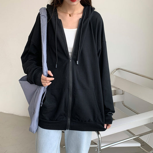 flowersverse Harajuku Korean version loose thin long-sleeved hooded sun protection coat solid color retro shirt student girl top