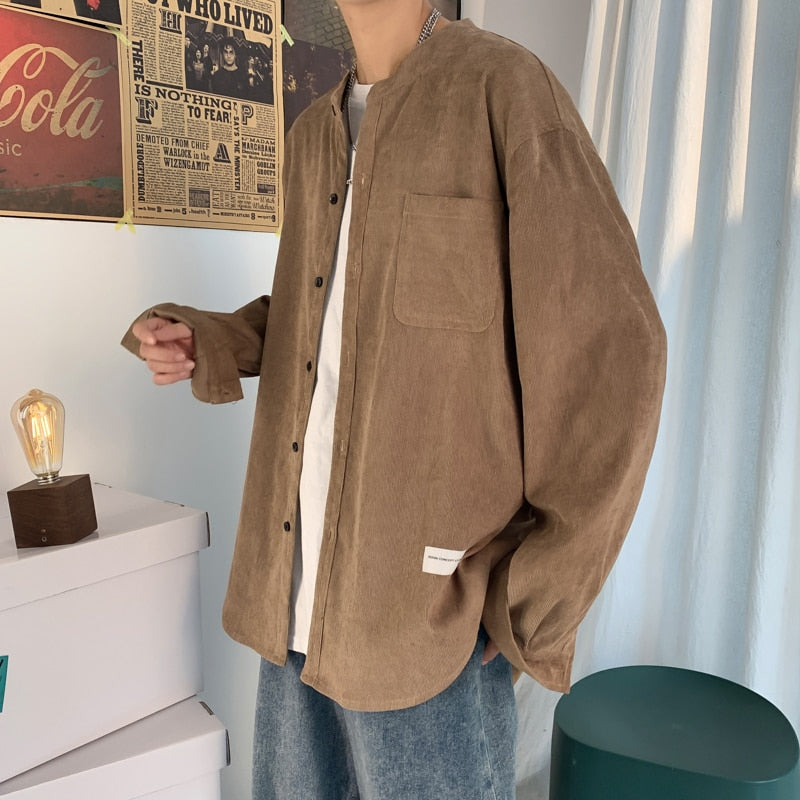 flowersverse Oversized Men Solid Corduroy Shirt Long Sleeve  Mens Pocket Streetwear Shirts Male Korean Fashions Black Shirt 5XL