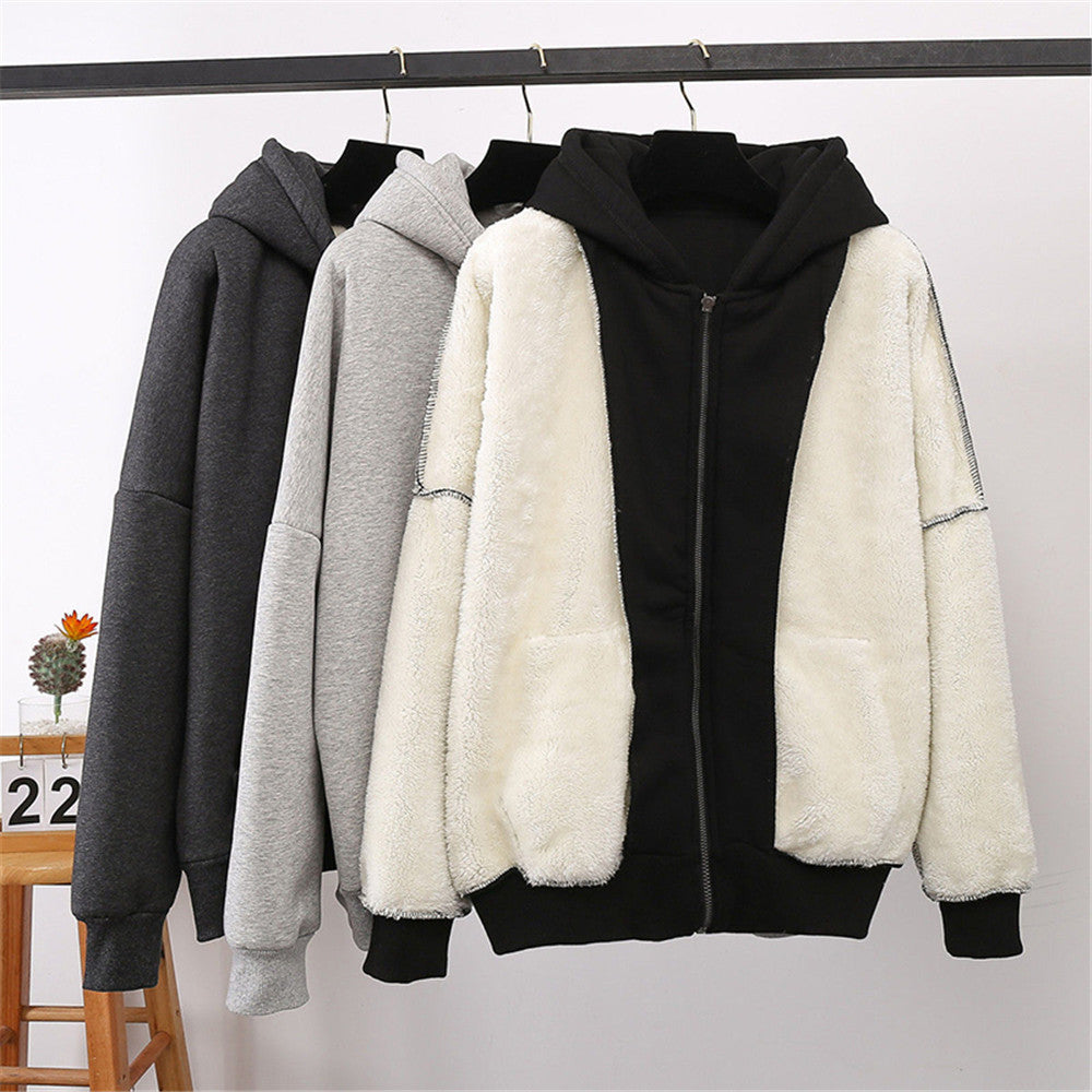 flowersverse flowersverse Jacket women solid color hoodies autumn winter imitation lamb wool korean loose plus velvet thick zipper sweatshirt tops