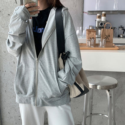 flowersverse Harajuku Korean version loose thin long-sleeved hooded sun protection coat solid color retro shirt student girl top