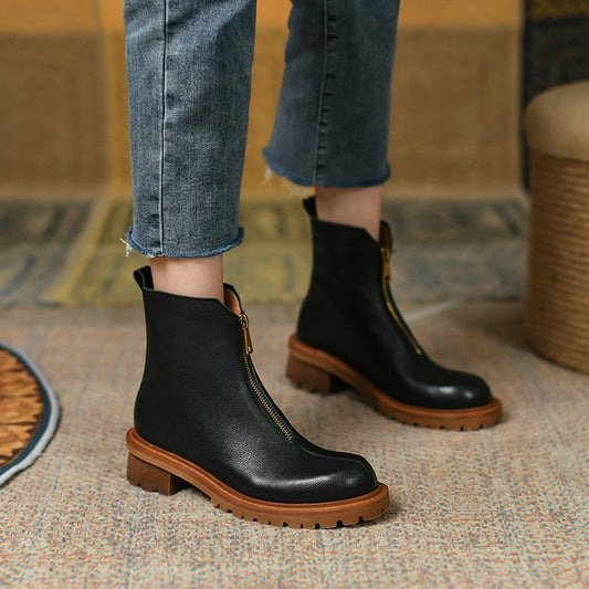 flowersverse New Autumn And Winterwomen Boots Retro Full Leather Chunky Heel Platform Boots Ankle Boots Zapatos De Mujer Women Shoes Zipper