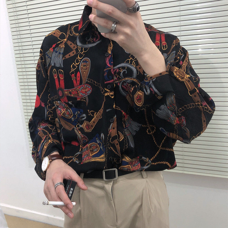 flowersverse New Beach Hawaiian Shirt for Men Long Sleeve Casual Loose Harajuku Floral Print Blouse Button Up Mens Shirts Streetwear