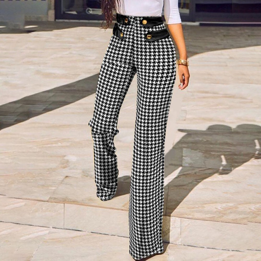 flowersverse Women Buttoned High Waist Wide Leg Tailored Pants Spring Casual Ladies Plaid Long Pencil Pants Elegant Trousers Overalls