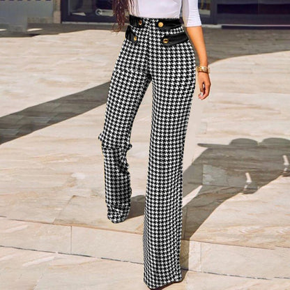 flowersverse Women Buttoned High Waist Wide Leg Tailored Pants Spring Casual Ladies Plaid Long Pencil Pants Elegant Trousers Overalls