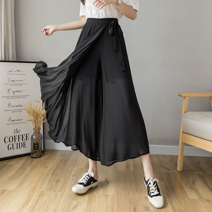 Spring Summer New Style Korean Women Pleated Chiffon Trousers High Waist Pants Hakama Casual Wide Leg Pantalones