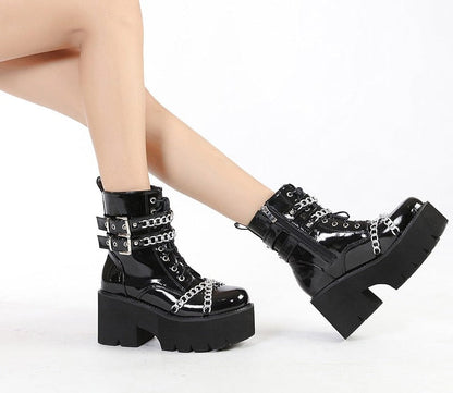 Thanksgiving  flowersverse  Women Shoes Boots Black Dark Cool Thick Bottom Platform Harajuku Shoes With Metal Chain Gothic Punk Girls Shoes Footwear