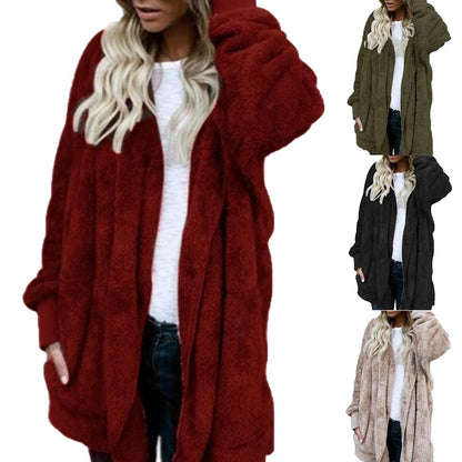 flowersverse Winter Warm Women Fashion Faux Fur Hooded Coat Hairry Cardigan Furry Outwear