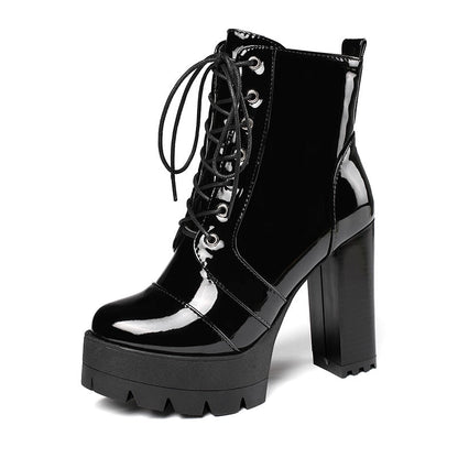 flowersverse   Thick High Heeled Female Patent Leather Ankle Boots Round Toe Lace-Up Zipper Women Short Boots Gothic Women Shoes