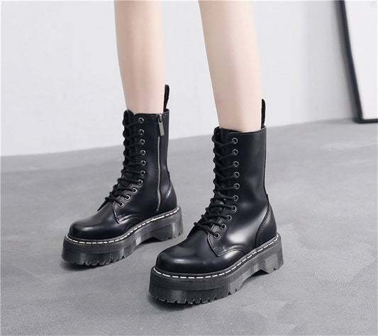 Amozae  Brand Women Platform Boots Winter Genuine Leather Motorcycle Boot Wedges Female Lace Up Zipper Combat Boots Black High-Top Shoes