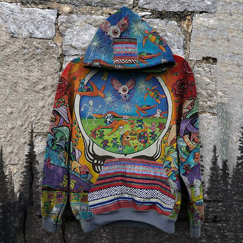 flowersverse New Casual Warm Pullover Tops Fashion Totem Printing Hooded Sweatshirt Autumn Winter Casual Long Sleeve Loose Hoodies Streetwear