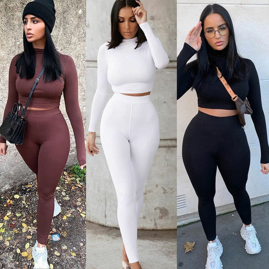 flowersverse Two Piece Sets Women Solid Autumn Tracksuits High Waist Stretchy Sportswear Hot Crop Tops And Leggings Matching Outfits