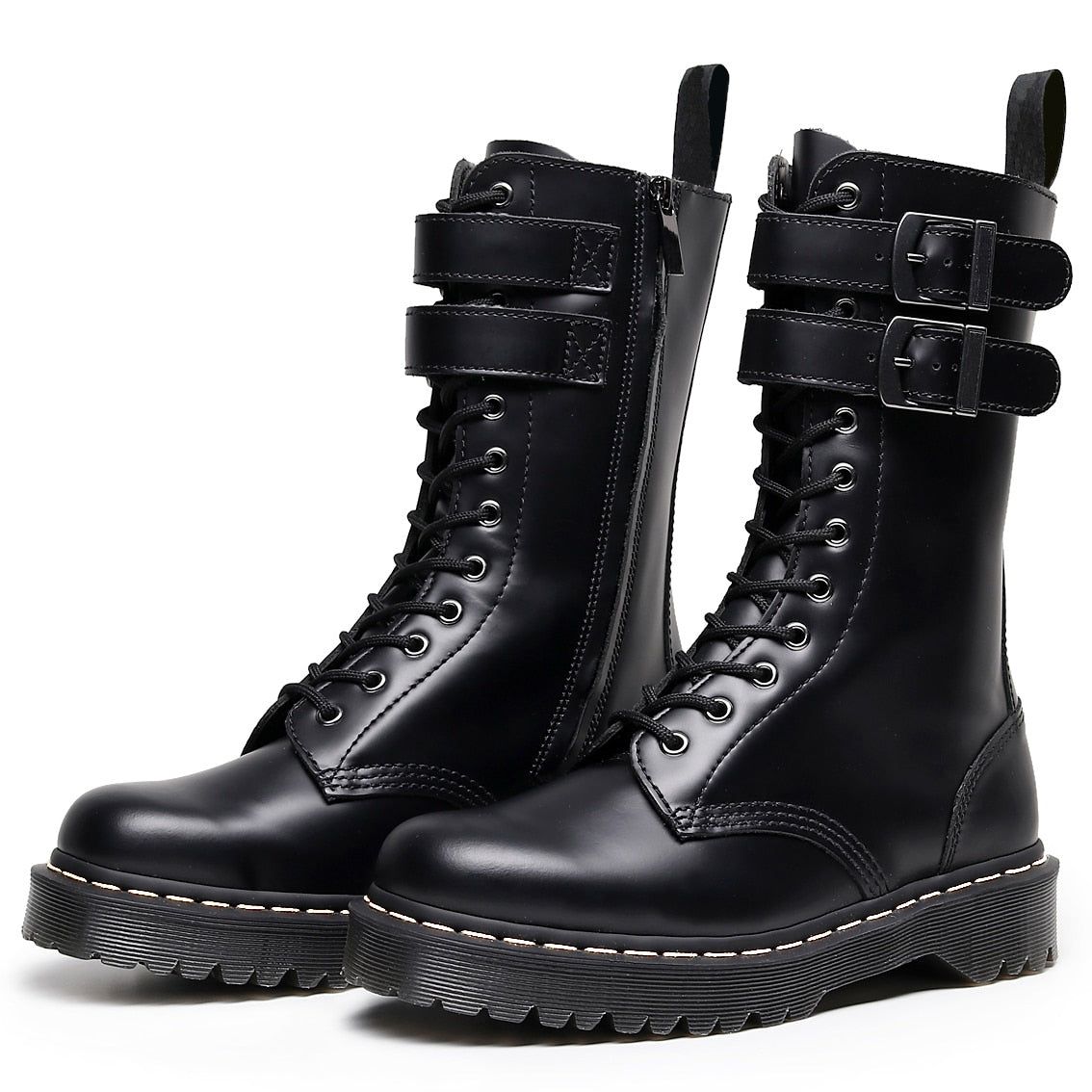 Amozae  Women Platform Leather High Boots New Female Shoes Punk Buckle Long Boot Woman Lace Up Booties Black Gothic Mid Tube Boots