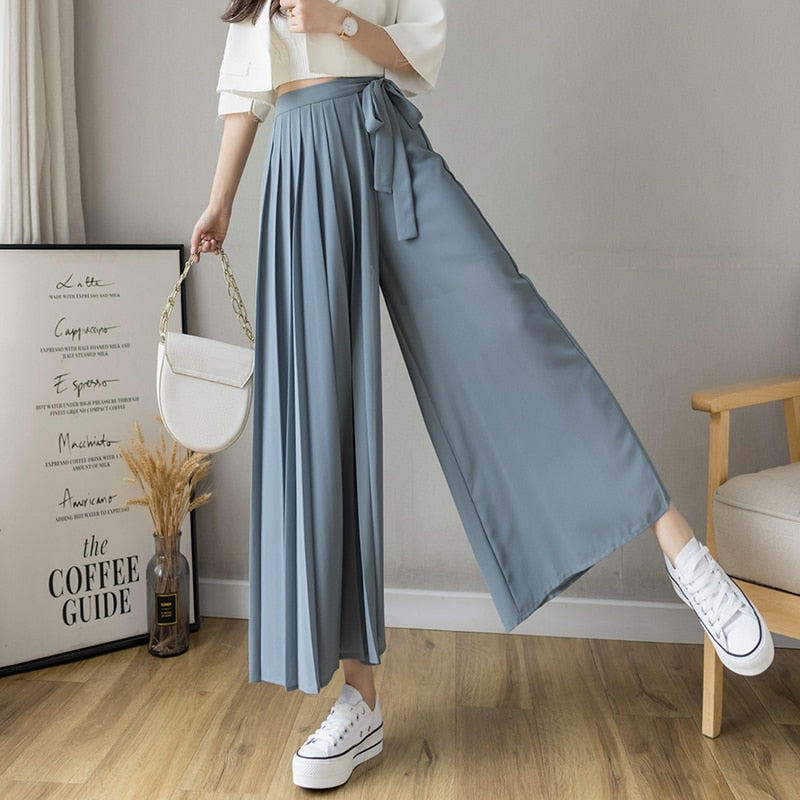 Spring Summer New Style Korean Women Pleated Chiffon Trousers High Waist Pants Hakama Casual Wide Leg Pantalones