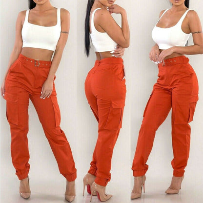 S-2XL Plus Size Pants Women Casual High Waist Cargo Pants Women Loose Green Red Khaki Trousers Pockets Elastic Waist Trousers