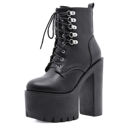 Thanksgiving  flowersverse  Ultra High Heels Women Motorcycle Boots Gothic Style   Rivet Black Soft Leather Plaform Chunky Heel Punk Knight Boots