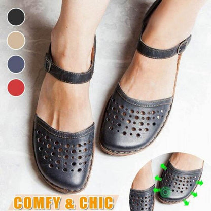 flowersverse  New Women Round Toe Hollow-out Sandals Comfortable Soft Hook Loop Mary Jane Flat Sandal Breathable Non-slip For Summer