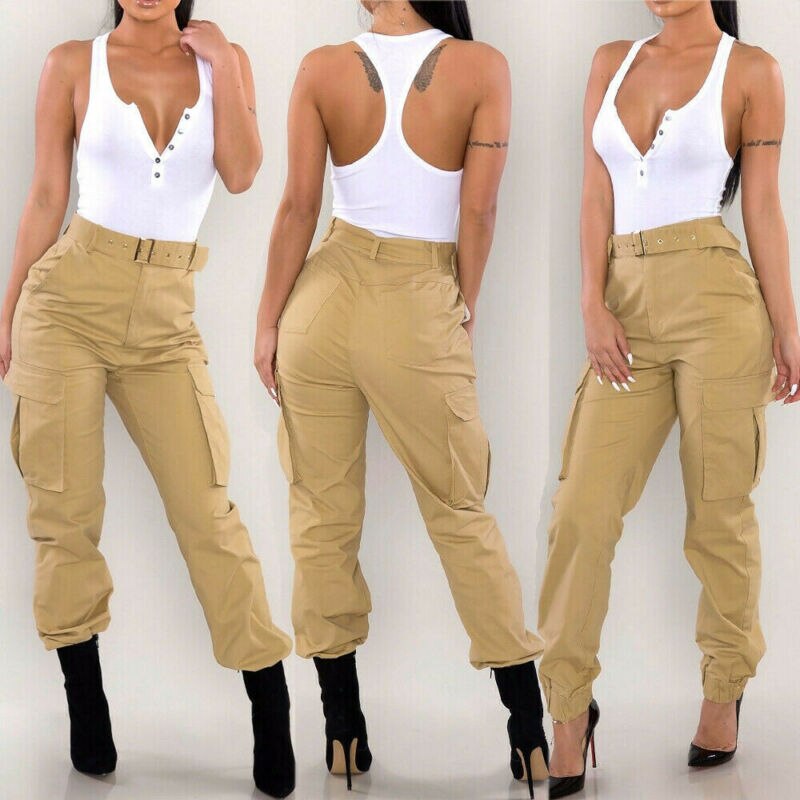 S-2XL Plus Size Pants Women Casual High Waist Cargo Pants Women Loose Green Red Khaki Trousers Pockets Elastic Waist Trousers