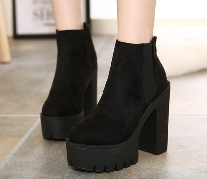 flowersverse  Fashion Black Ankle Boots For Women Thick Heels Spring Autumn Flock Platform Shoes High Heels Black Zipper Ladies Boots