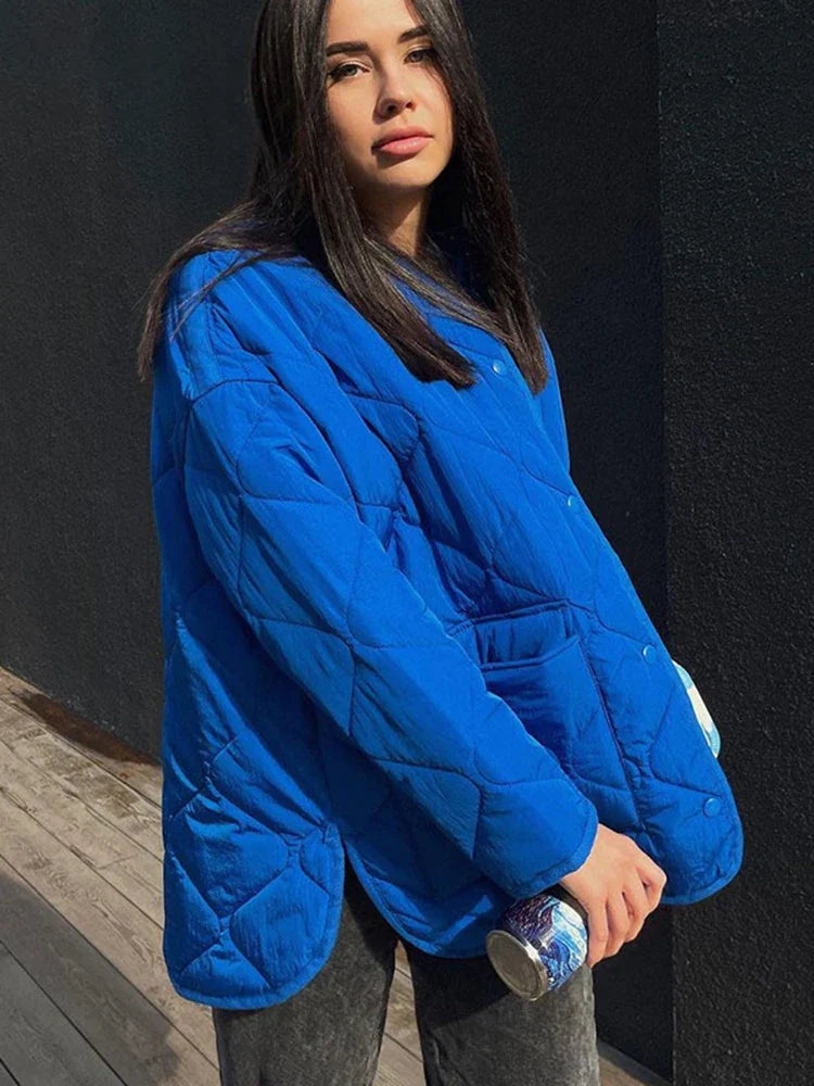 flowersverse Winter Blue Oversize Puffer Jackets for Women Casual Fashion Warm Cotton Button Down Quilted Coat and Jacket Loose