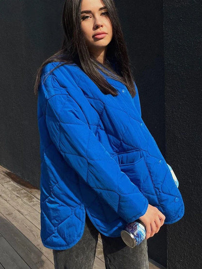 flowersverse Winter Blue Oversize Puffer Jackets for Women Casual Fashion Warm Cotton Button Down Quilted Coat and Jacket Loose