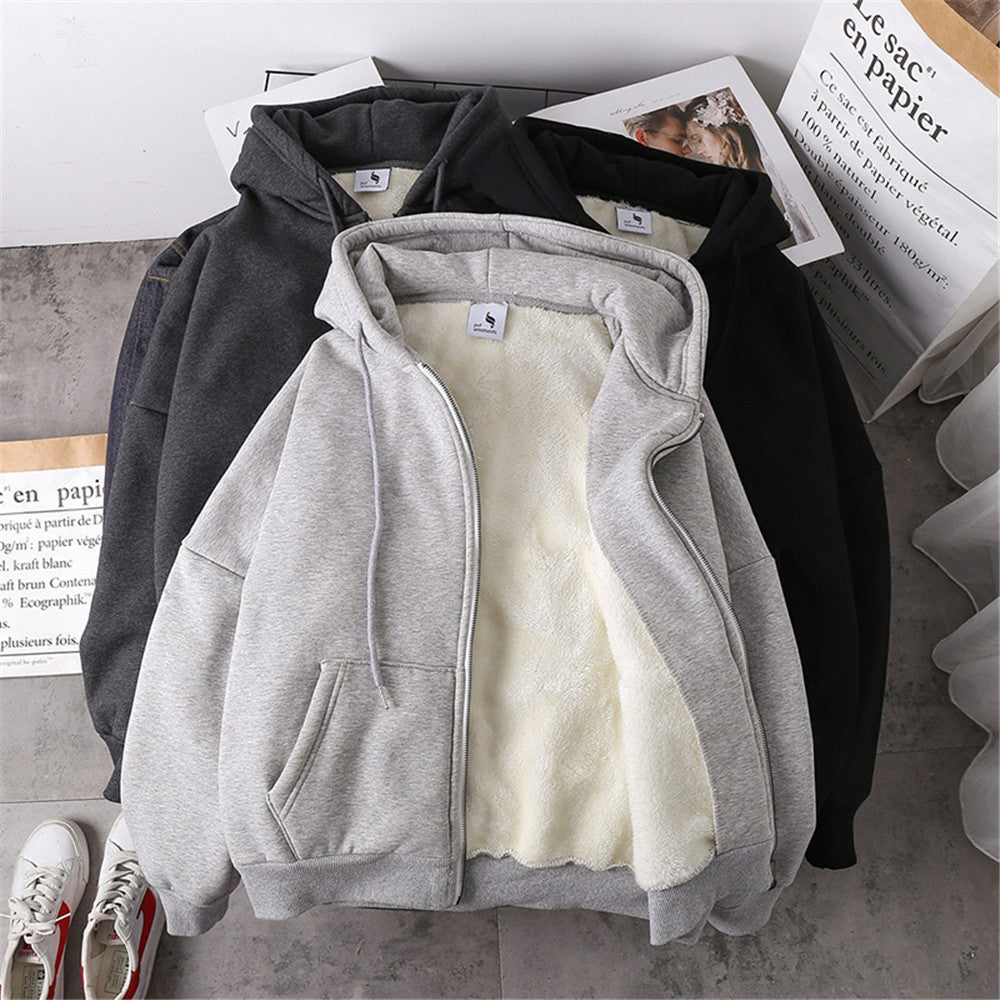 flowersverse flowersverse Jacket women solid color hoodies autumn winter imitation lamb wool korean loose plus velvet thick zipper sweatshirt tops