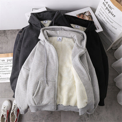 flowersverse flowersverse Jacket women solid color hoodies autumn winter imitation lamb wool korean loose plus velvet thick zipper sweatshirt tops