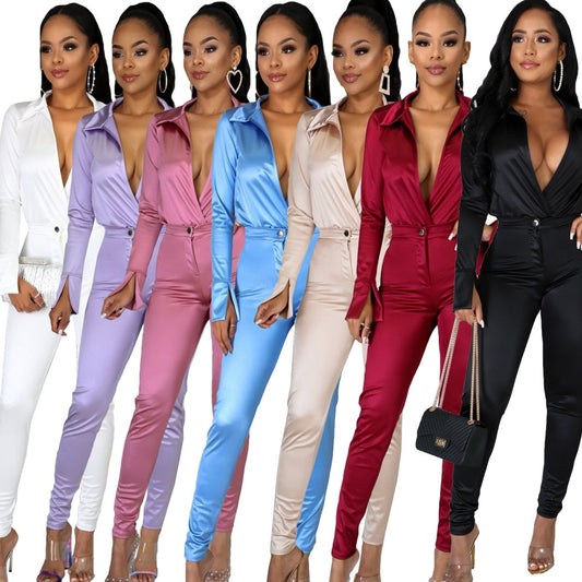 Woman OL satin Suit Solid Color Long Sleeve V Neck lapel Short Jumpsuit+pencil pants Tracksuit S-2XL 15Color