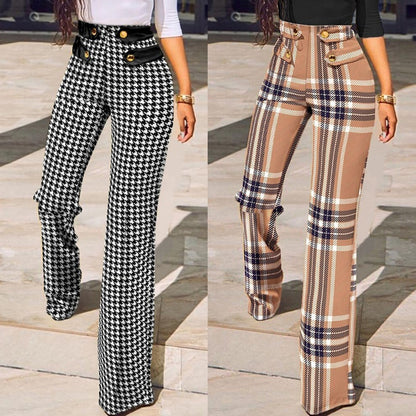 flowersverse Women Buttoned High Waist Wide Leg Tailored Pants Spring Casual Ladies Plaid Long Pencil Pants Elegant Trousers Overalls