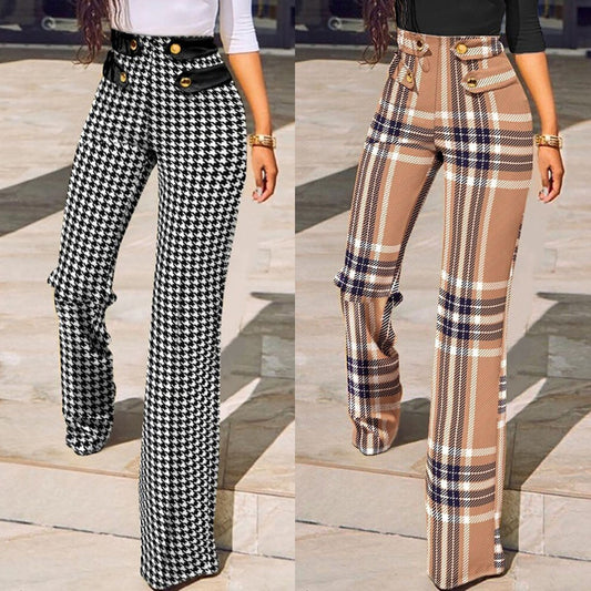 flowersverse Women Buttoned High Waist Wide Leg Tailored Pants Spring Casual Ladies Plaid Long Pencil Pants Elegant Trousers Overalls
