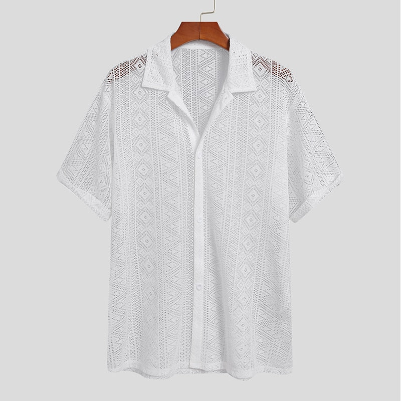 flowersverse Men Shirt Mesh See Through Lapel Sexy Short Sleeve Lace Button Camisas Streetwear Party Nightclub Men Clothing 7