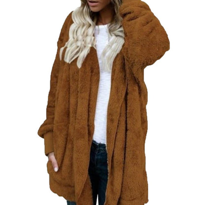 flowersverse Winter Warm Women Fashion Faux Fur Hooded Coat Hairry Cardigan Furry Outwear