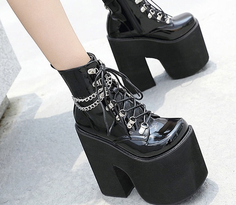 flowersverse  Height 17Cm Nightclub Stage Ankle Booties Women Extreme Thick Platform Heel Gothic Punk Shoes Girls   Chain Party Boot